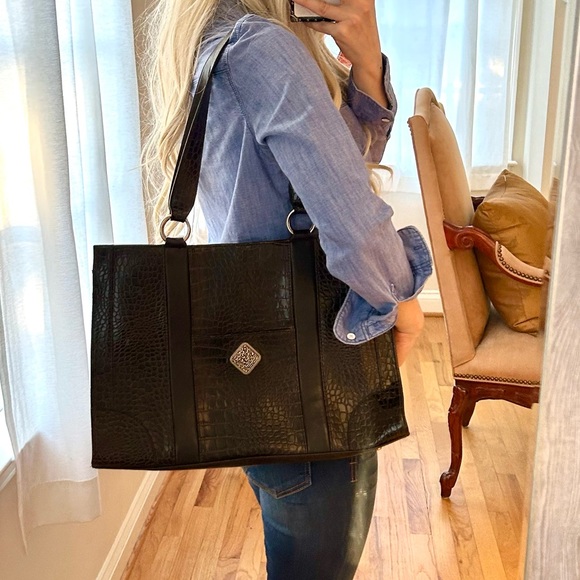 Coldwater Creek Faux Leather Croc Tote Bag in Very Dark Brown - Picture 2 of 12